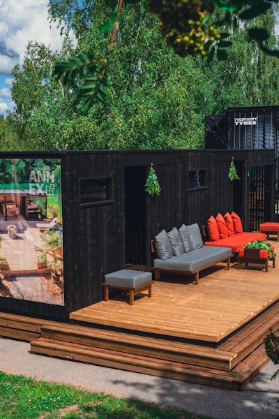 Covered terraces, also boasting the Misty design | Kirami outdoor saunas