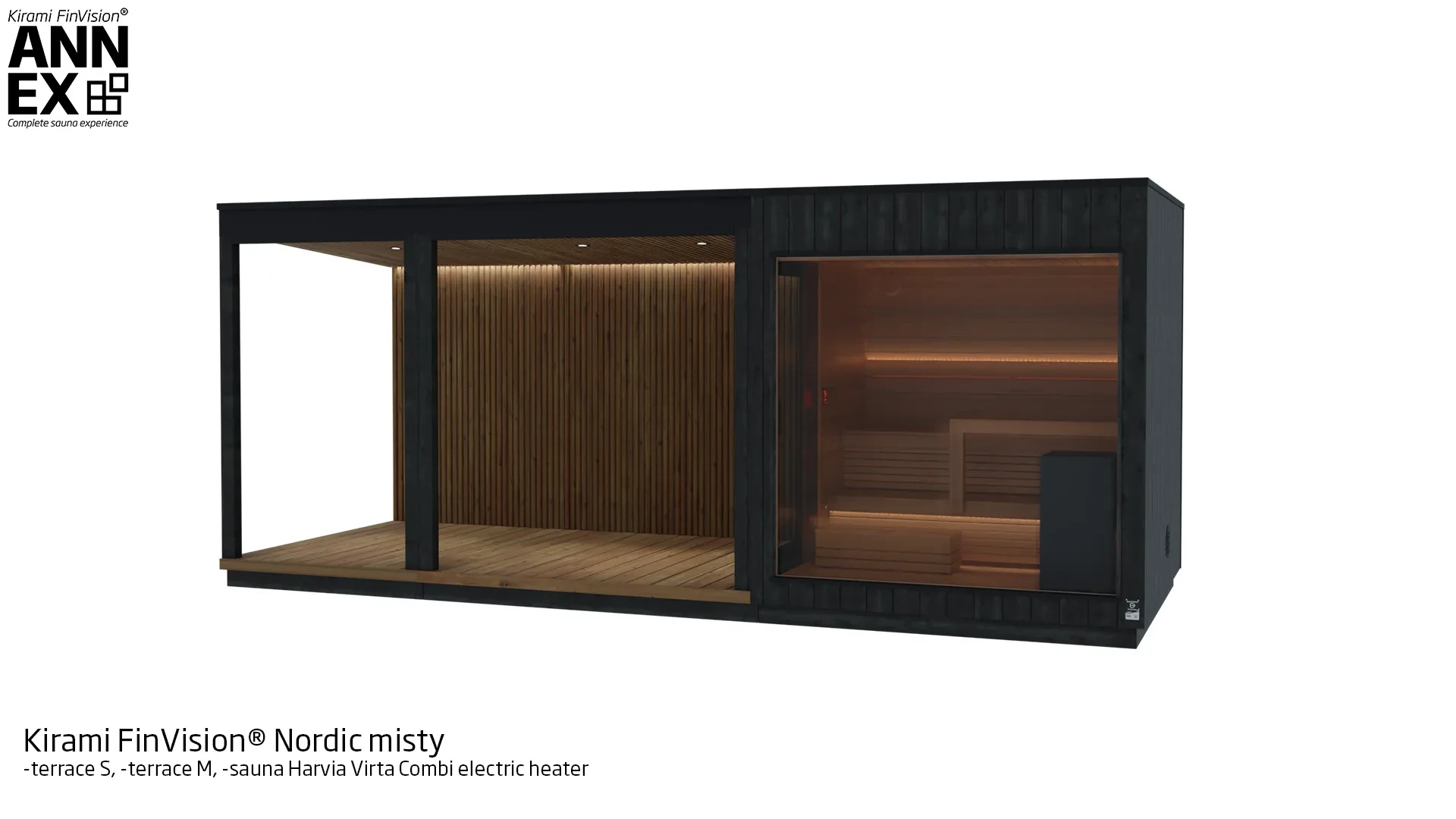 Kirami FinVision® -terassi S, terassi M, -sauna (with Harvia electric heater) Misty | Kirami FinVision® Annex