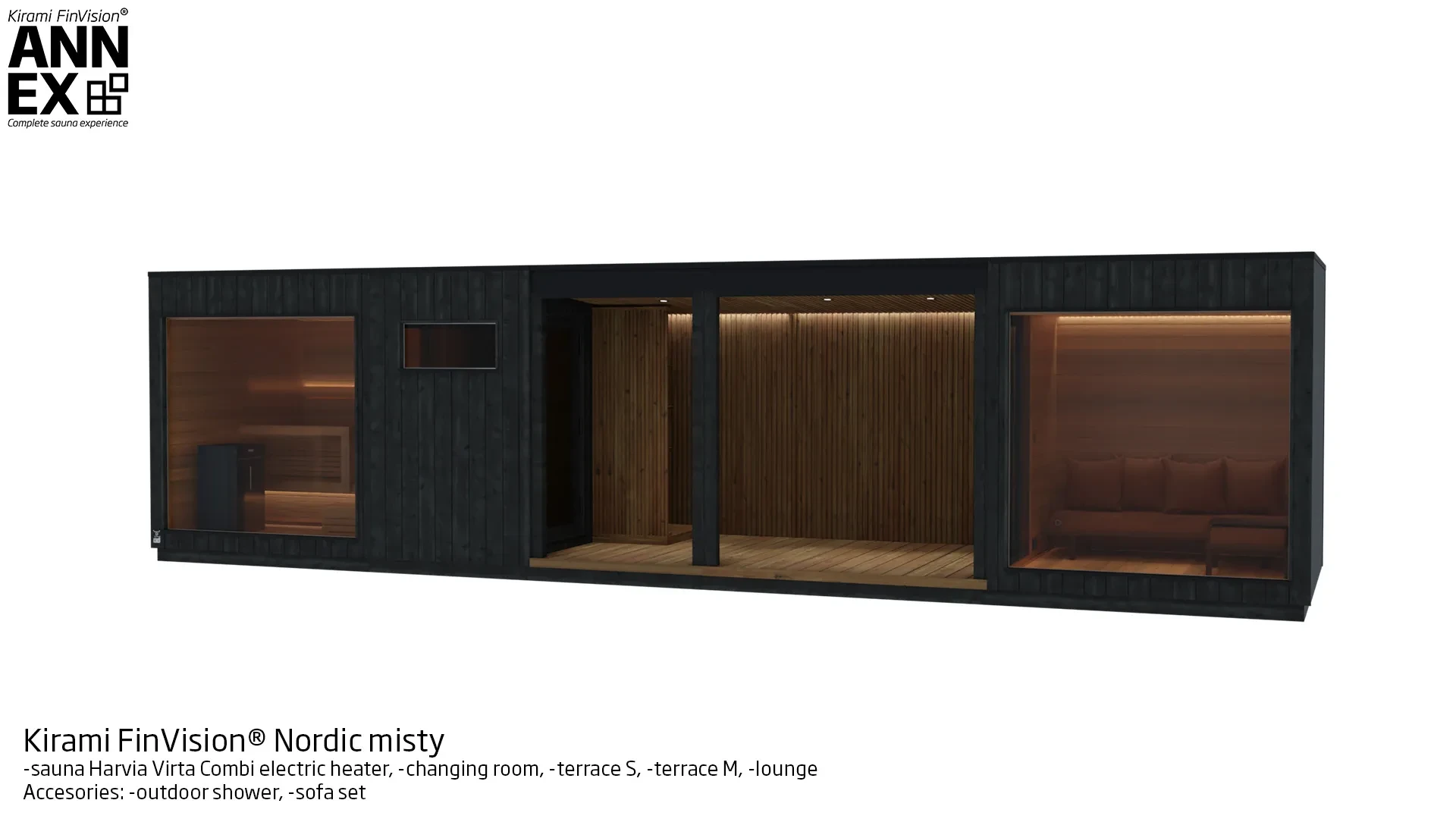 Kirami FinVision® -sauna (with Harvia electric heater), -changing room, -terrace S, -terrace M, -lounge Misty | Kirami FinVision® Annex