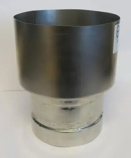 Metal duct connector with a wider upper section and a narrower base, reflecting light.