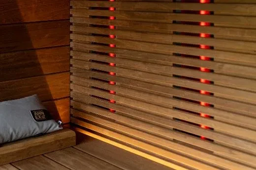 LED light strips above and below benches – Kirami FinVision® -sauna M Misty with infrared setup | Outdoor sauna