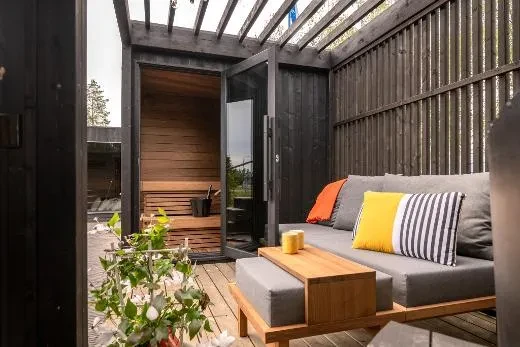 Outdoor sauna Kirami FinVision® -sauna S Misty fits terraces and small gardens perfectly